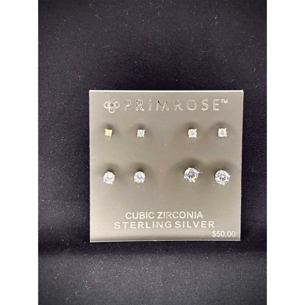 New Primrose 4 Pair Cubic Zirconia 925 Sterling Silver Stud Earring Set MSRP $50